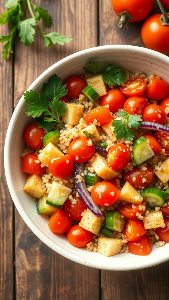 A colorful quinoa salad with tomatoes, cucumbers, and bell peppers, garnished with parsley on a wooden table.